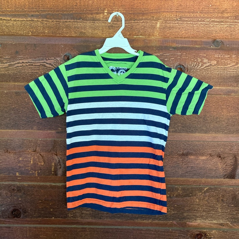 Green, white, and orange v-neck shirt
